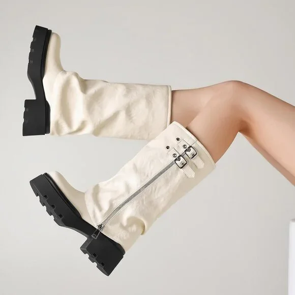 Women's White Chunky Slouchy Fold Over Wide Calf Fashion Buckle Knee High Boots - Picture 2 of 5